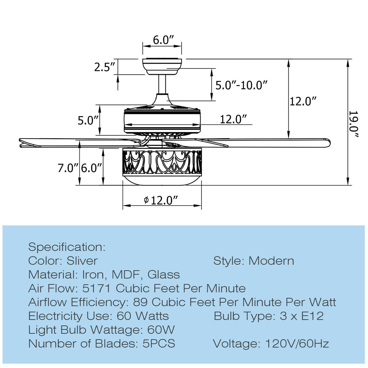 52-Inch Ceiling Fan with Light Reversible Blades and Remote Control - Silver