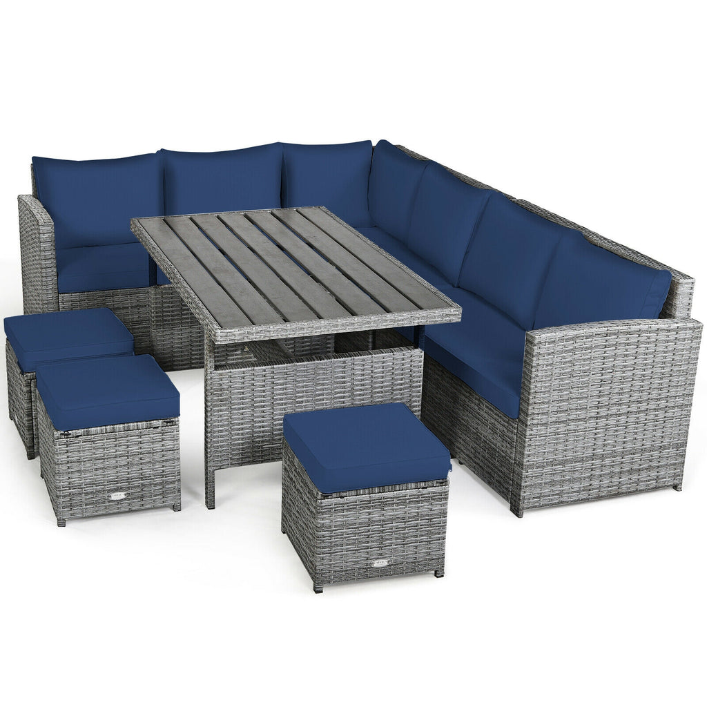 7-Piece Outdoor Wicker Sectional Sofa Set with Dining Table - Navy