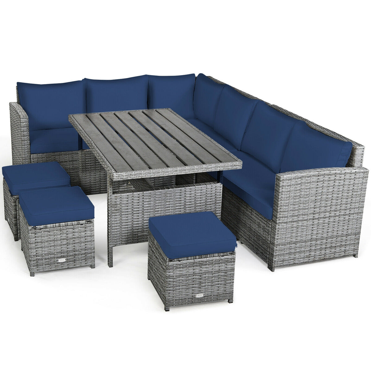 7-Piece Outdoor Wicker Sectional Sofa Set with Dining Table - Navy