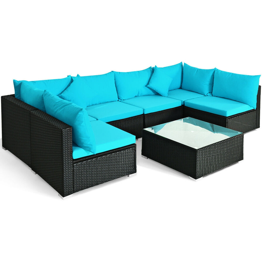 7 Pieces Sectional Wicker Sofa Set with Coffee Table - Black Rattan, Blue