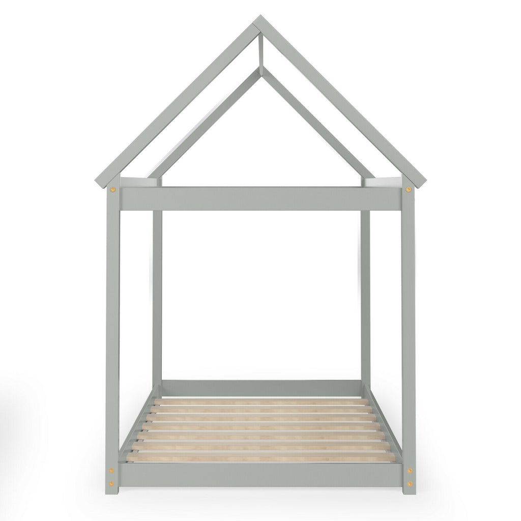 Twin Size Kids House Bed Frame, Wood, Gray