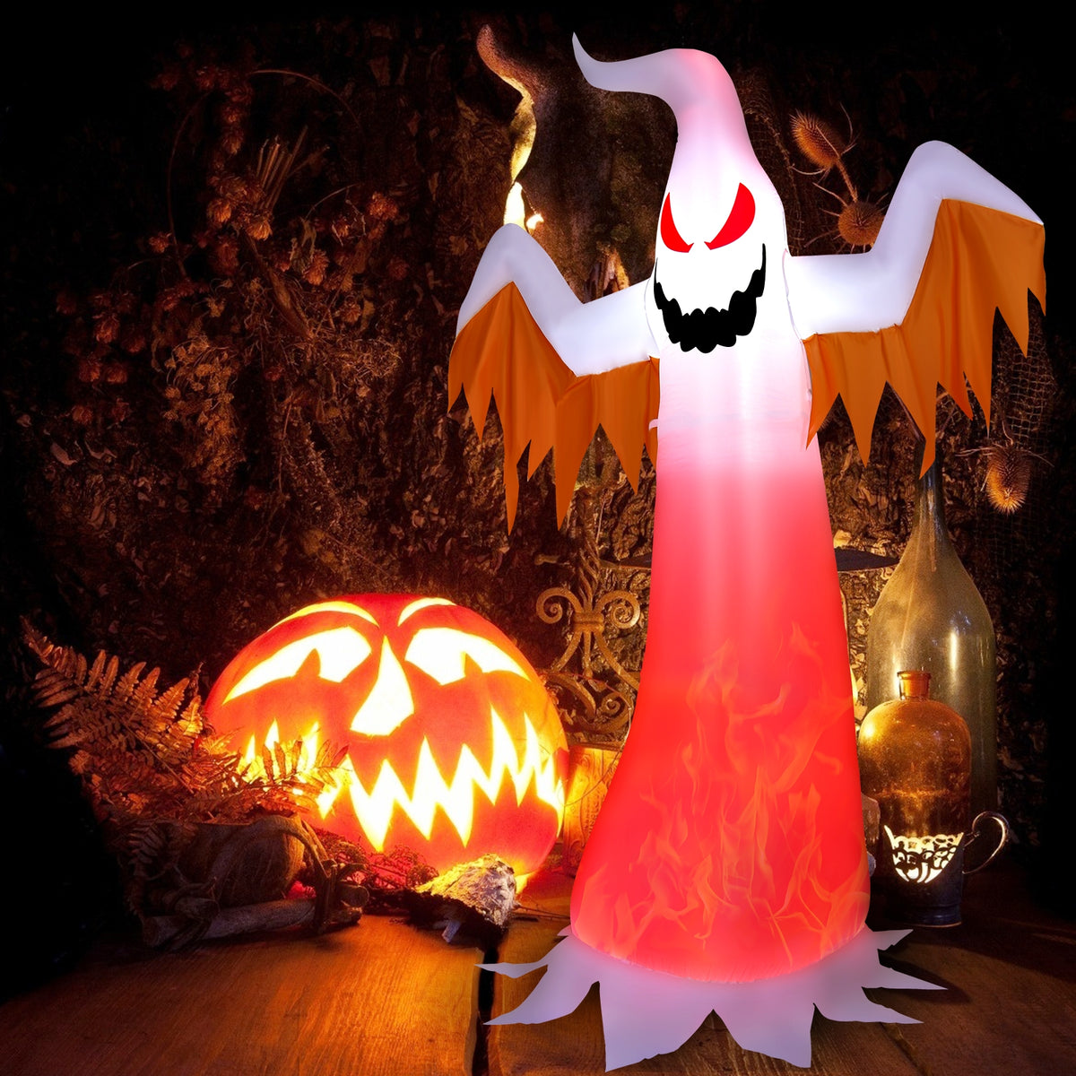 8ft Inflatable Ghost with Rotatable Flame LED Lights - Halloween Decor