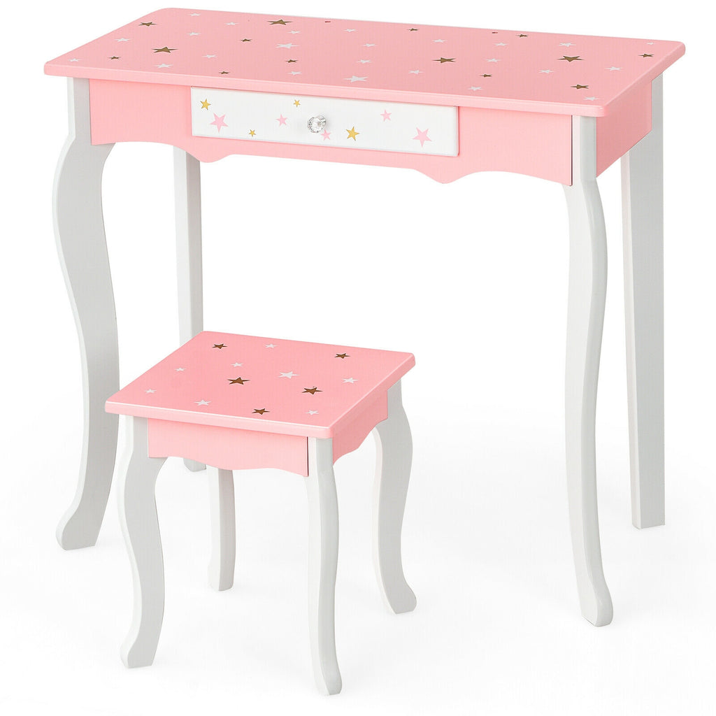 Kids Princess Vanity Table and Stool Set with Tri-Fold Mirror - Pink - Kids Bedroom Furniture