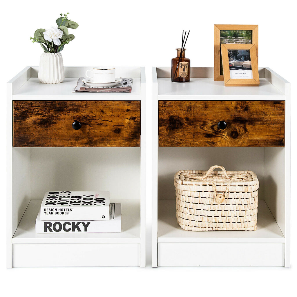 Set of 2 Nightstands with Drawer & Storage - White, Style 5