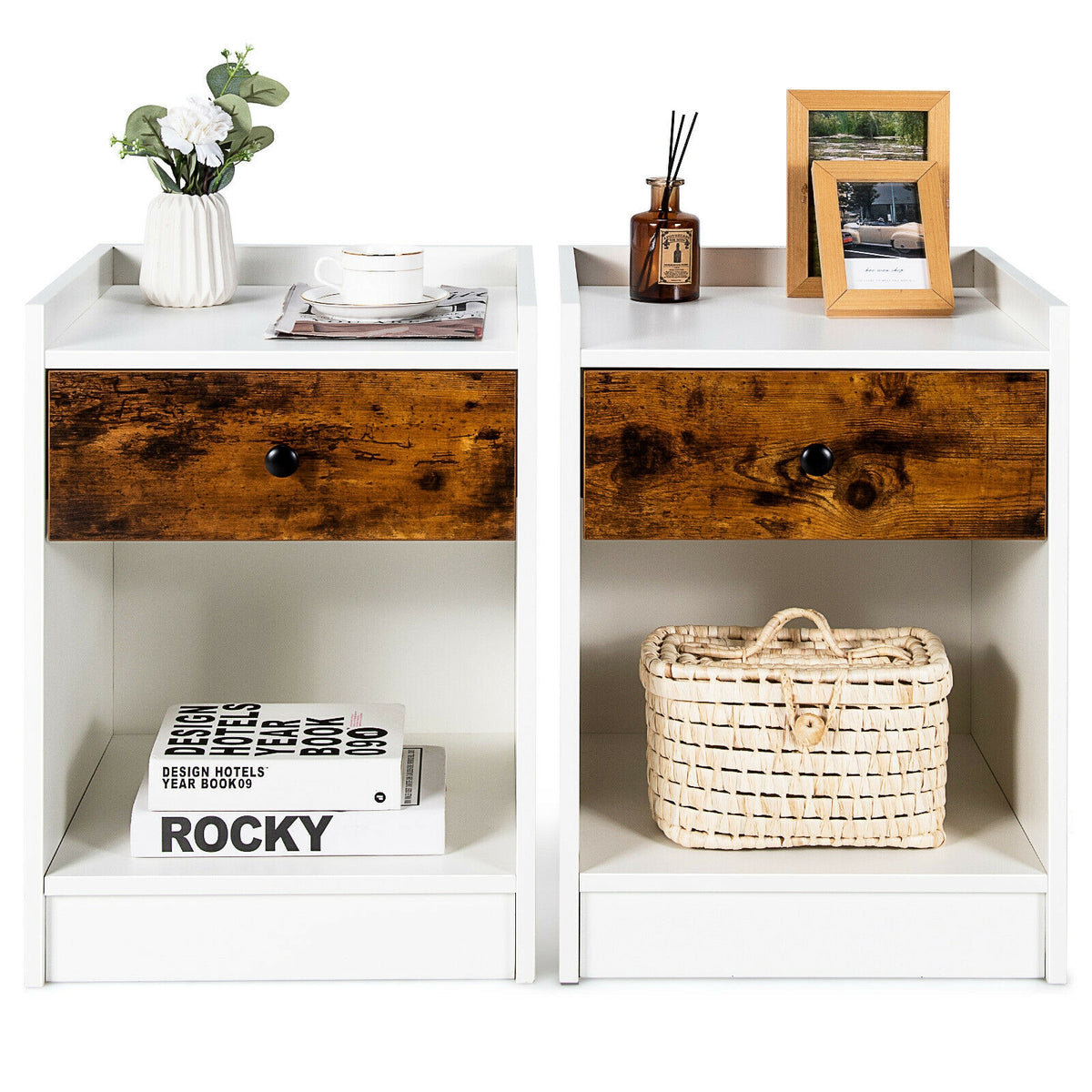 Set of 2 Nightstands with Drawer & Storage - Style 5, White