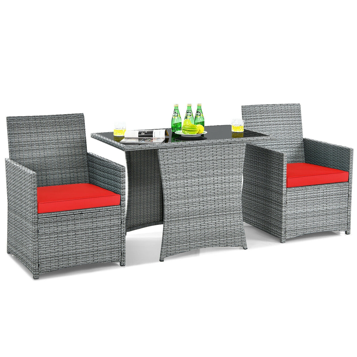 3-Piece Patio Rattan Furniture Set with Sofa - Red