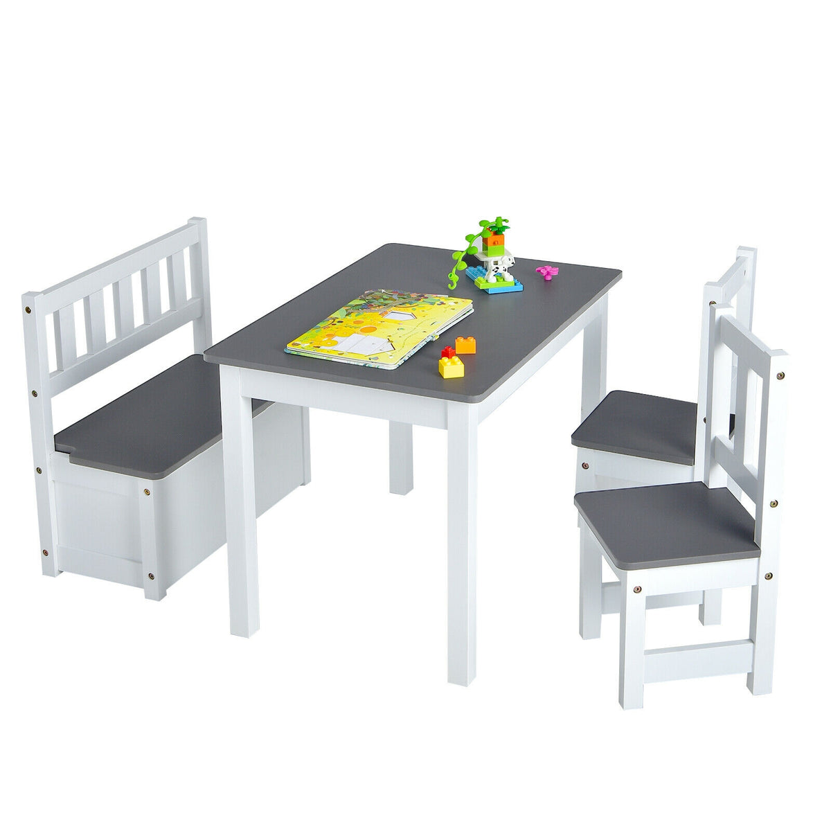 Kids Wooden Activity Table and Chairs Set with Storage Bench - Gray, 4 Pieces (Variation of THIS listing)