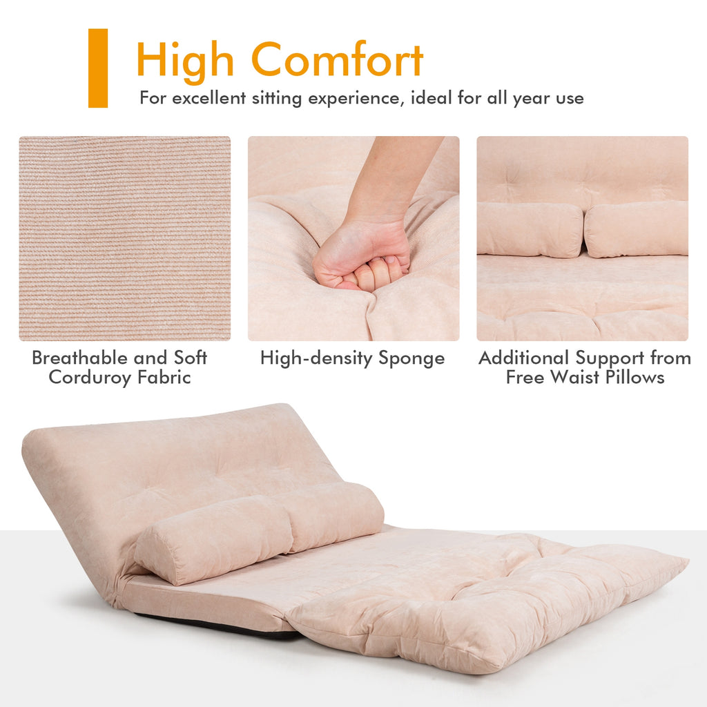 6-Position Adjustable Sleeper Lounge Couch with 2 Pillows - Beige