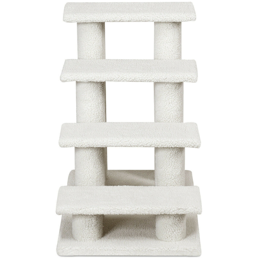 24 Inch Beige 4-Step Pet Stairs with Carpeted Climber & Scratching Posts