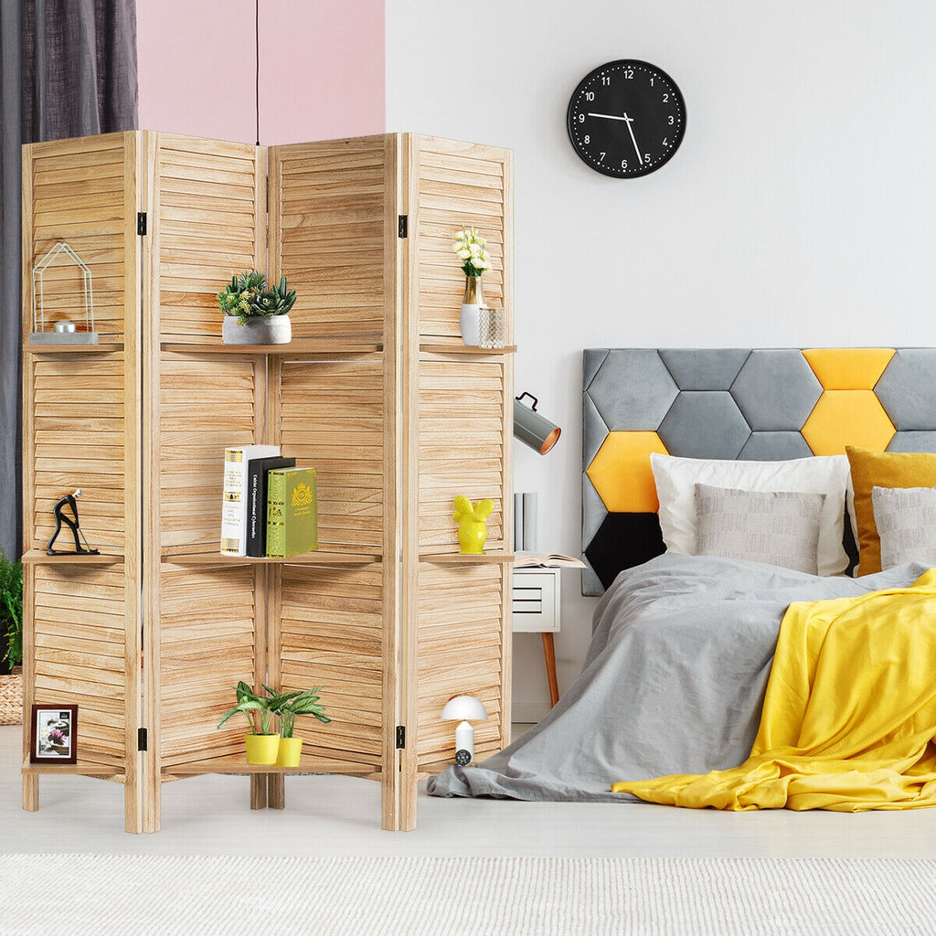 Brown 4 Panel Freestanding Room Divider with Shelves - Folding Privacy Screen