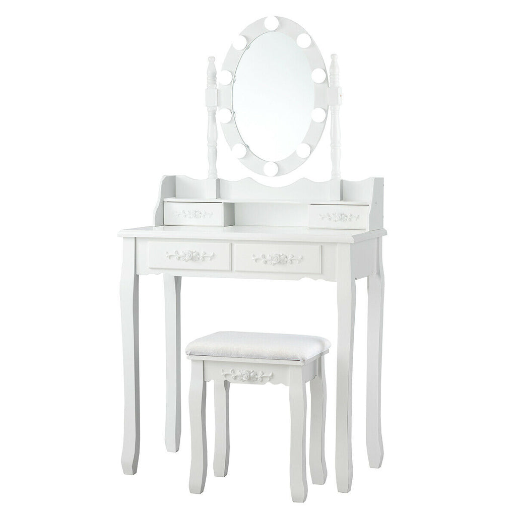 Makeup Dressing Table with Lighted Mirror & Stool - White