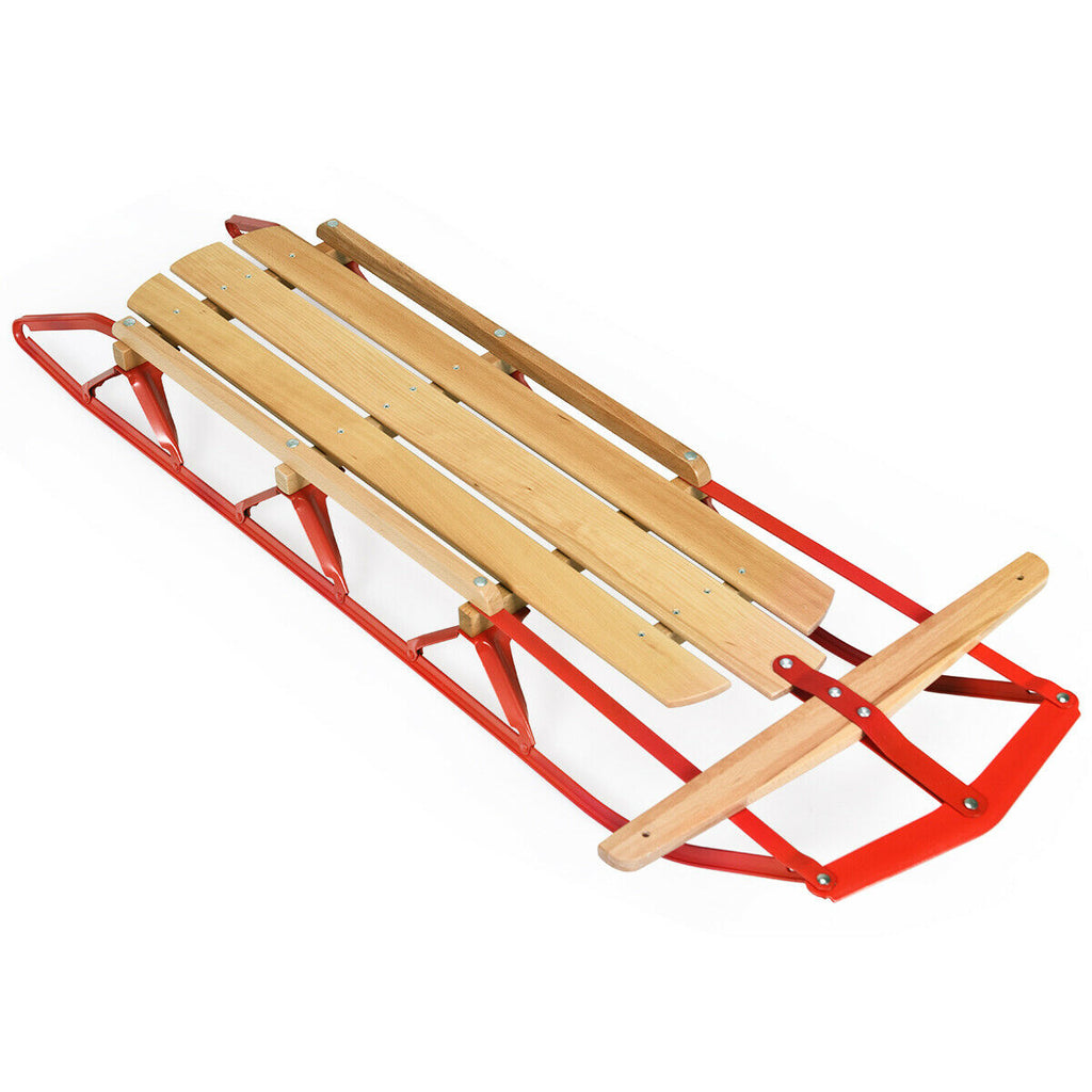 Red 54 Inch Wooden Snow Sled with Metal Runners & Steering Bar - Kids & Adults