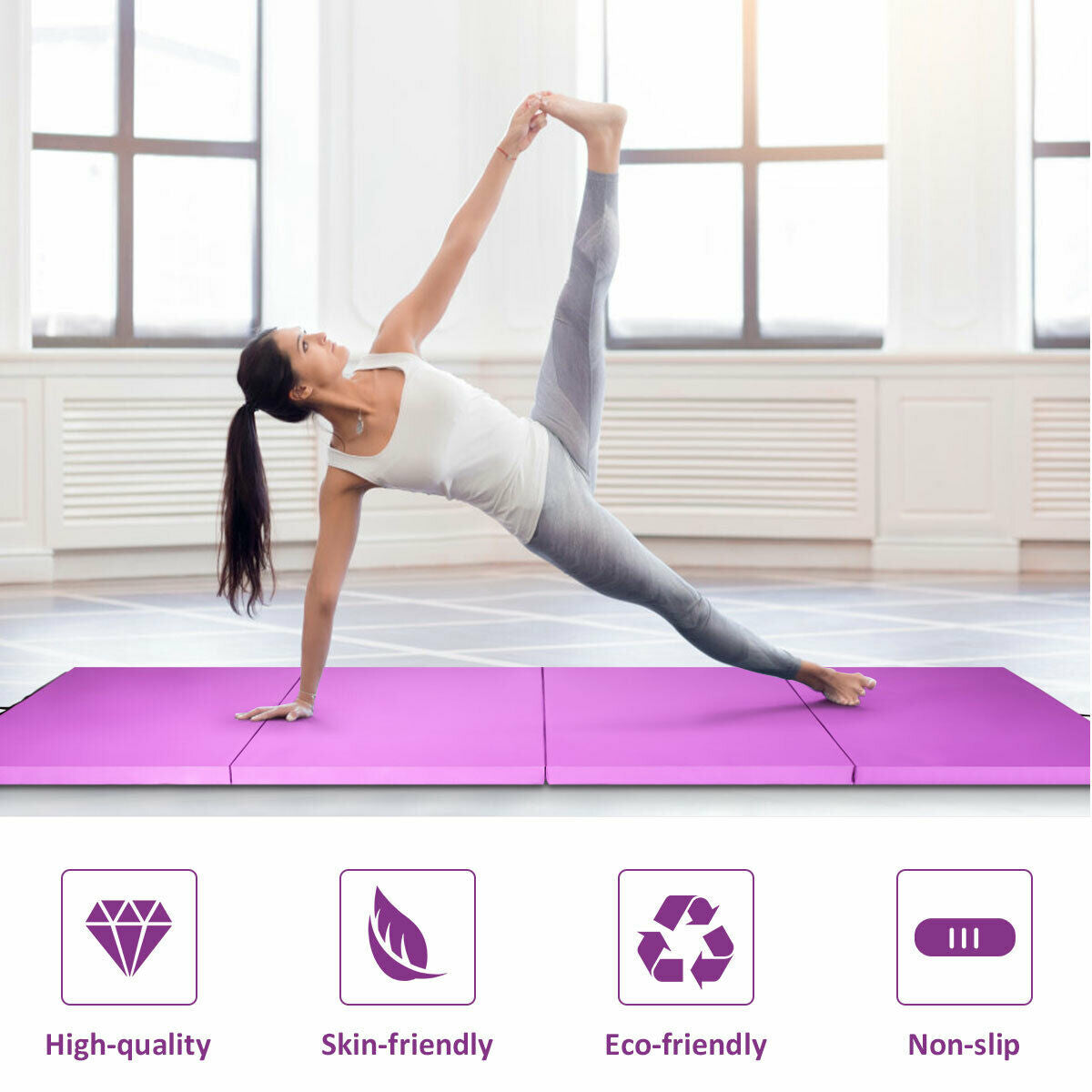 8ft x 4ft Purple Folding Gymnastics Tumbling Mat - Non-Slip, Thick Foam, Portable