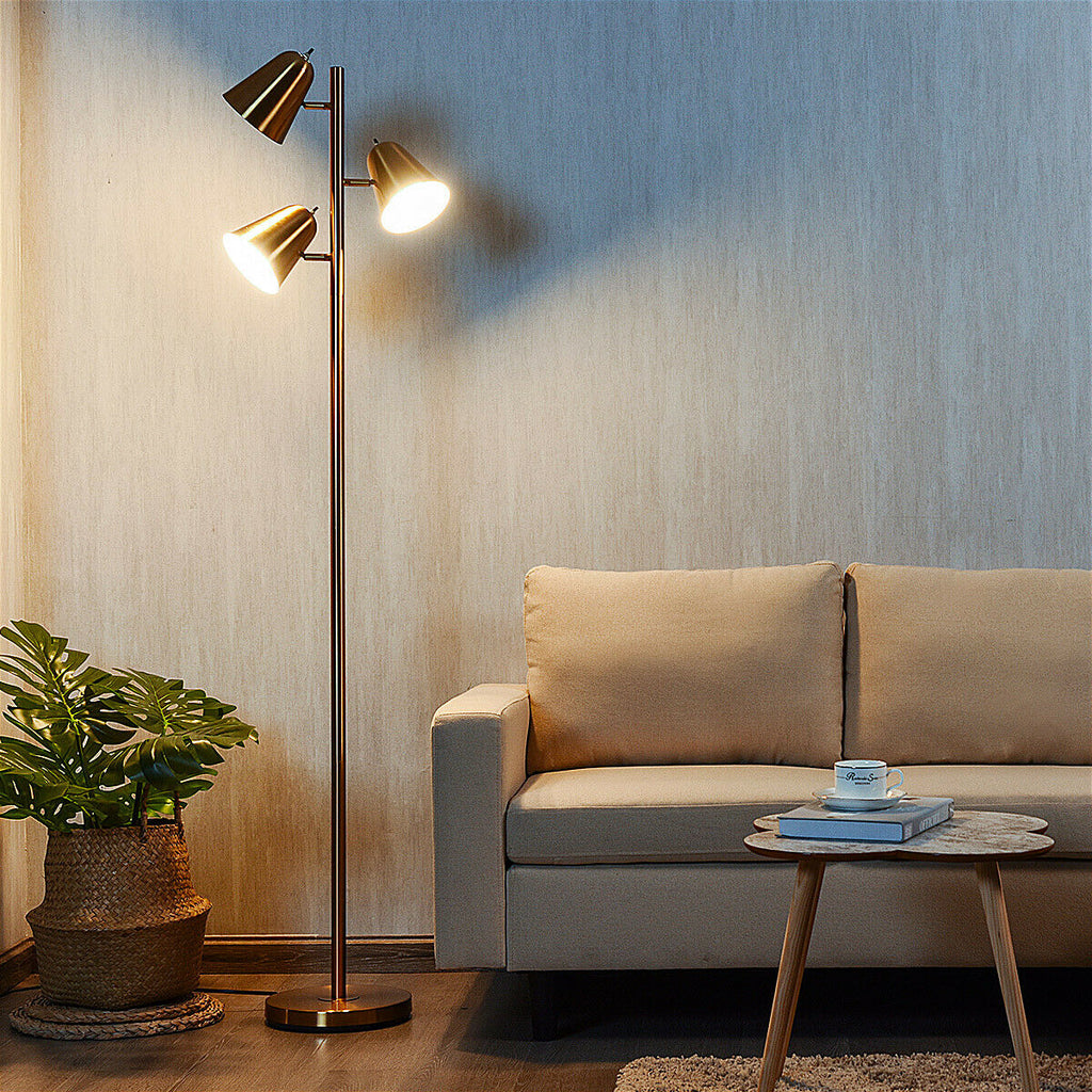 Adjustable Golden 3-Bulb Floor Lamp with E26 A19 Bulbs & Lampshades