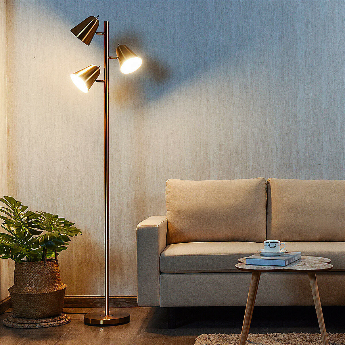 Adjustable Golden 3-Bulb Floor Lamp with E26 A19 Bulbs & Lampshades