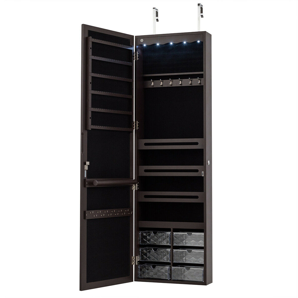 Door Hanging Jewelry Armoire with Full Length Mirror - Brown, 6 LEDs