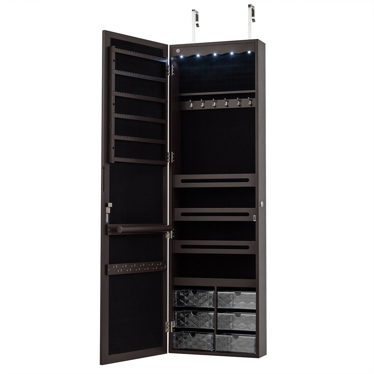 Door Hanging Jewelry Armoire with Full Length Mirror - Brown, 6 LEDs