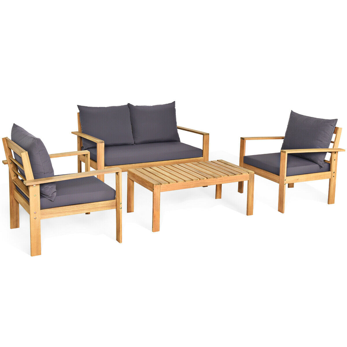 5 Pieces PE Wicker Patio Furniture Set with Acacia Wood Frame