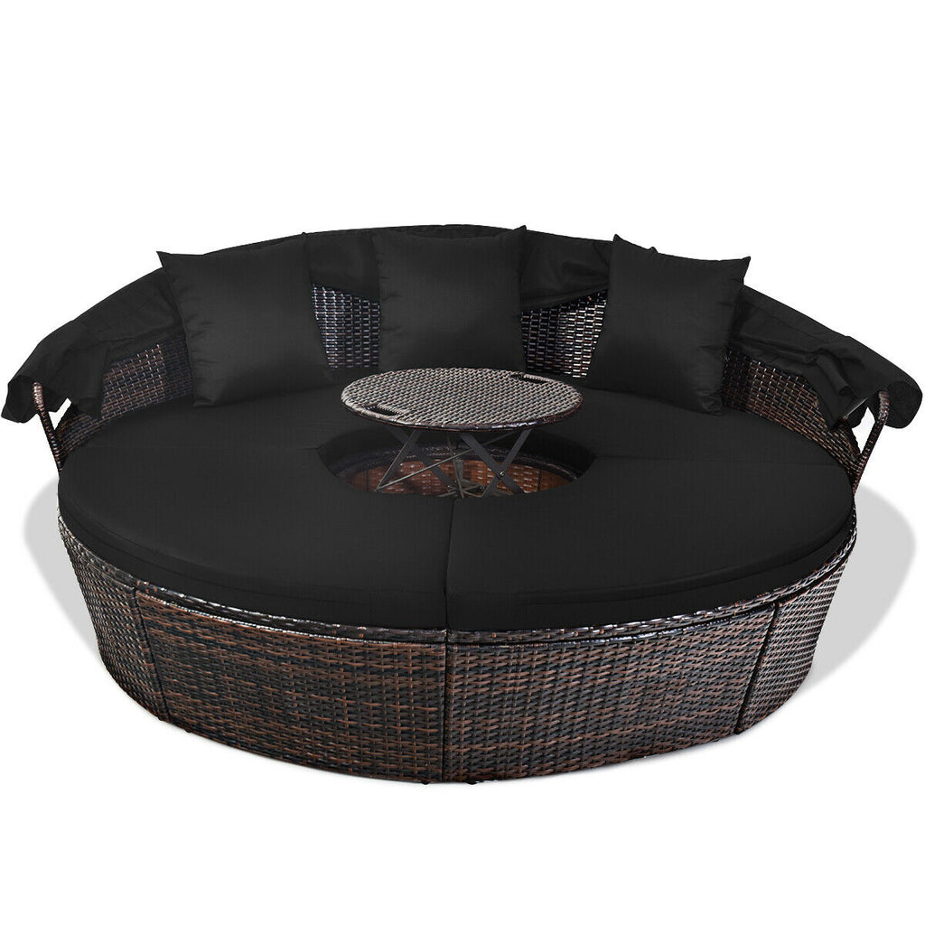 Patio Round Rattan Daybed with Retractable Canopy and Height