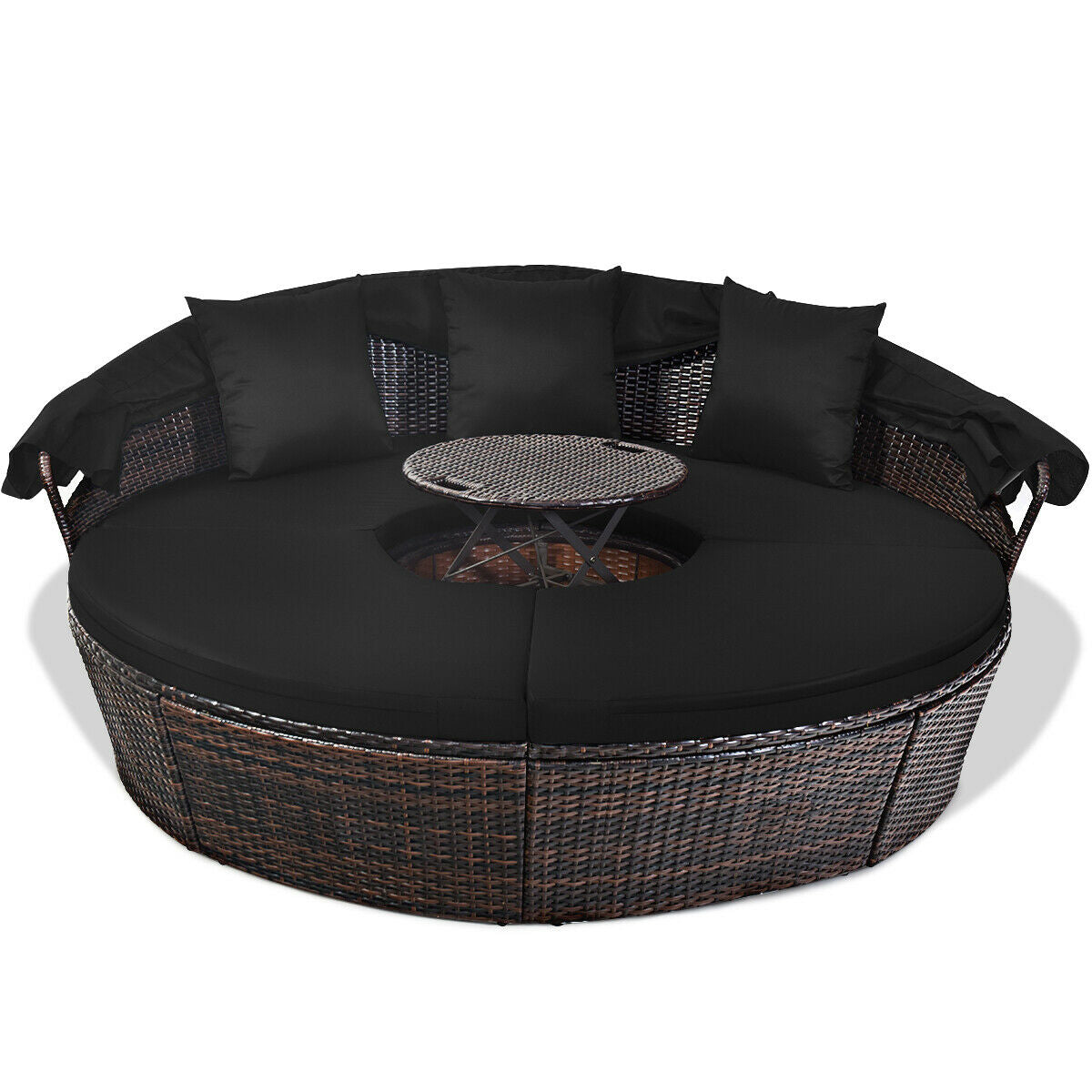 Patio Round Rattan Daybed with Retractable Canopy and Height