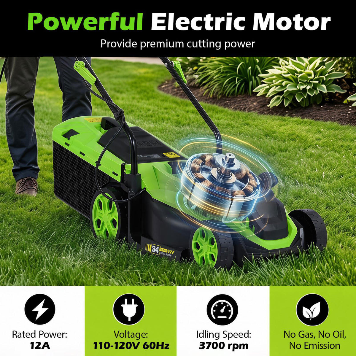 14-Inch 12-Amp Corded Electric Lawn Mower w/ 5-Position Height