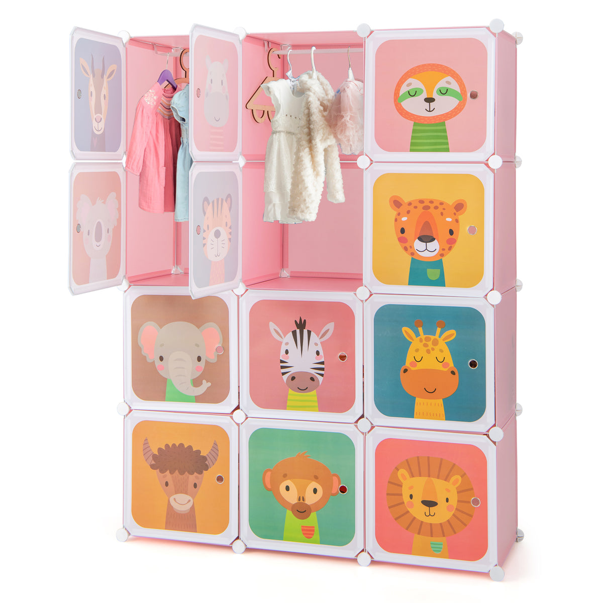 Kids Wardrobe Closet with 12 Cubes & Hanging Section - Pink Variation of Kids Wardrobe Close