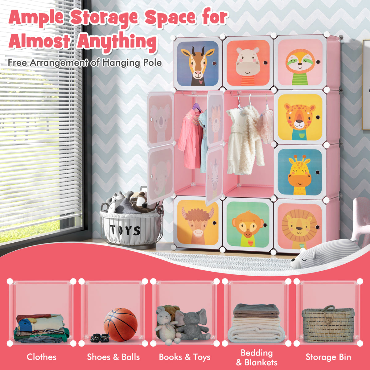 Kids Wardrobe Closet with 12 Cubes & Hanging Section - Pink Variation of Kids Wardrobe Close