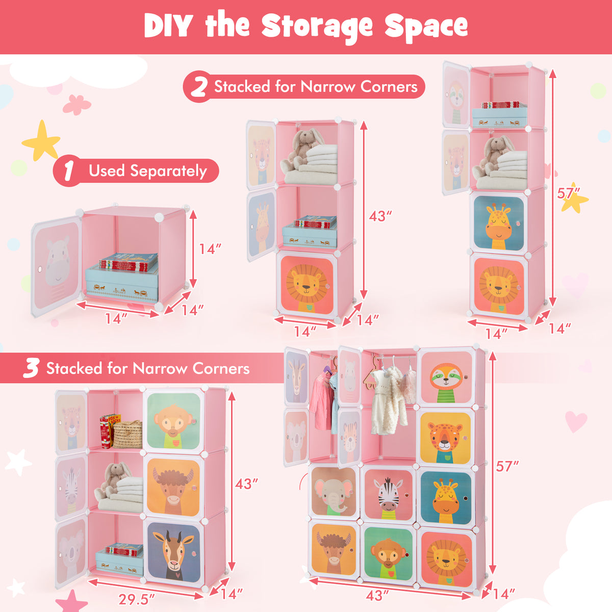 Kids Wardrobe Closet with 12 Cubes & Hanging Section - Pink Variation of Kids Wardrobe Close