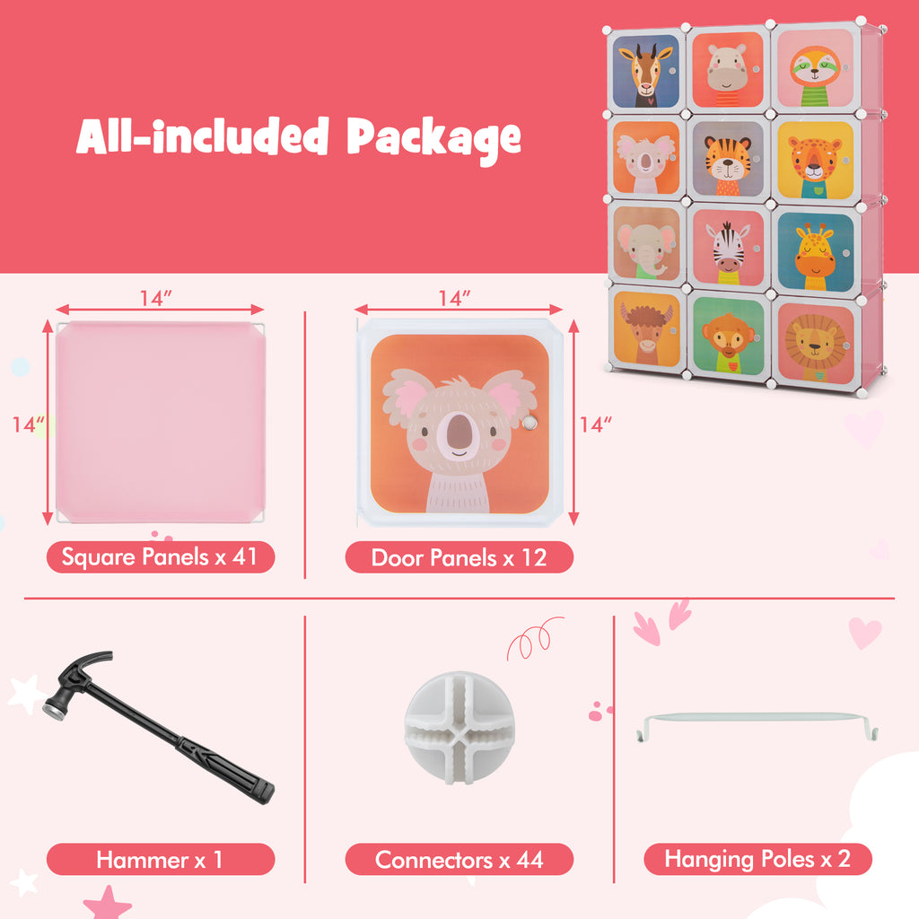 Kids Wardrobe Closet with 12 Cubes & Hanging Section - Pink Variation of Kids Wardrobe Close