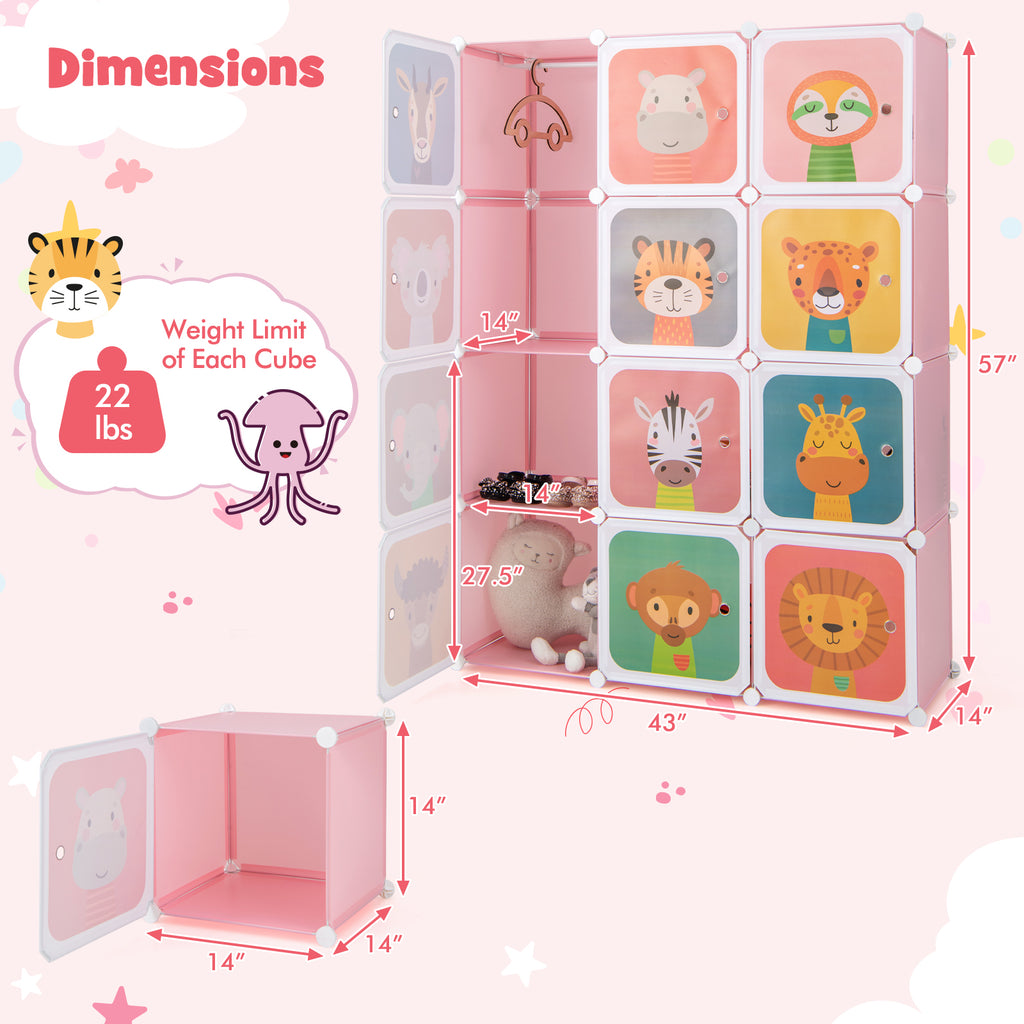 Kids Wardrobe Closet with 12 Cubes & Hanging Section - Pink Variation of Kids Wardrobe Close