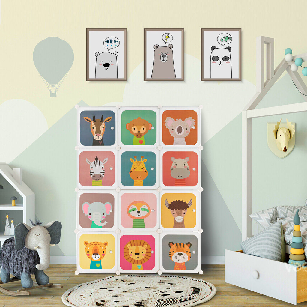 Kids Wardrobe Closet with 12 Cubes, Hanging Section & Doors - Green Variation