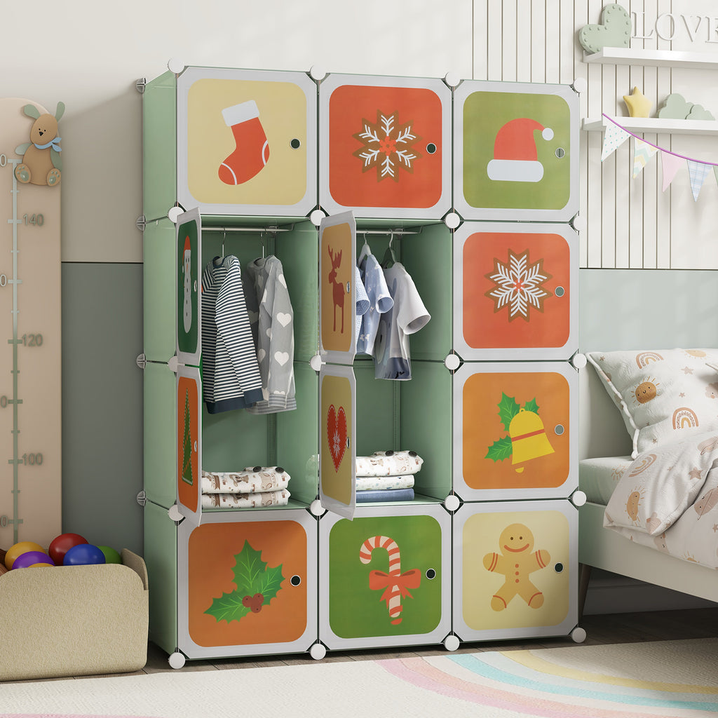 Kids Wardrobe Closet with 12 Cubes, Hanging Section & Doors - Green Variation