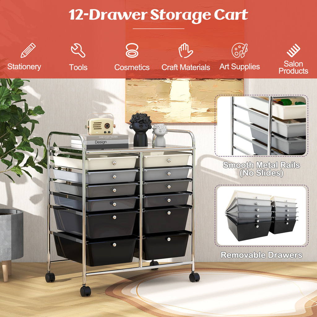 12-Drawer Rolling Storage Cart with Lockable Wheels - Gray