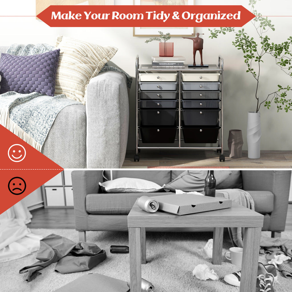 12-Drawer Rolling Storage Cart with Lockable Wheels - Gray