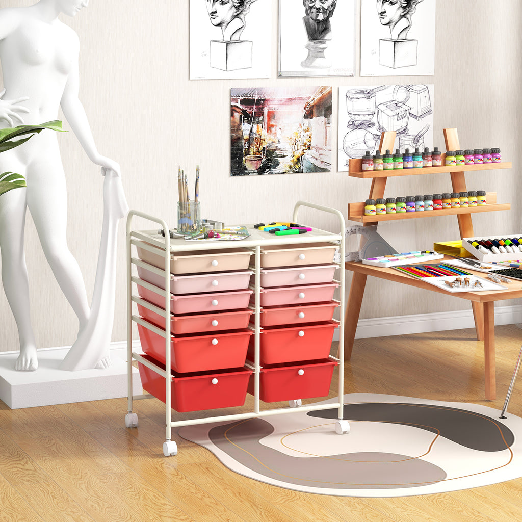 12-Drawer Rolling Storage Cart with Lockable Wheels - Pink
