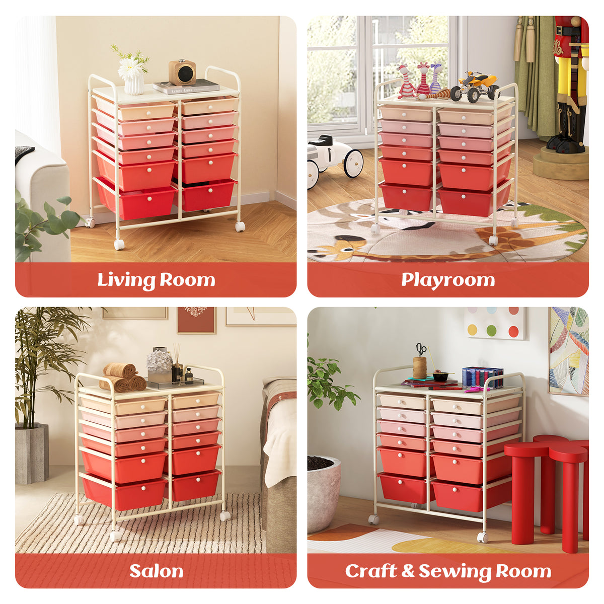 12-Drawer Rolling Storage Cart with Removable Drawers and Lockable