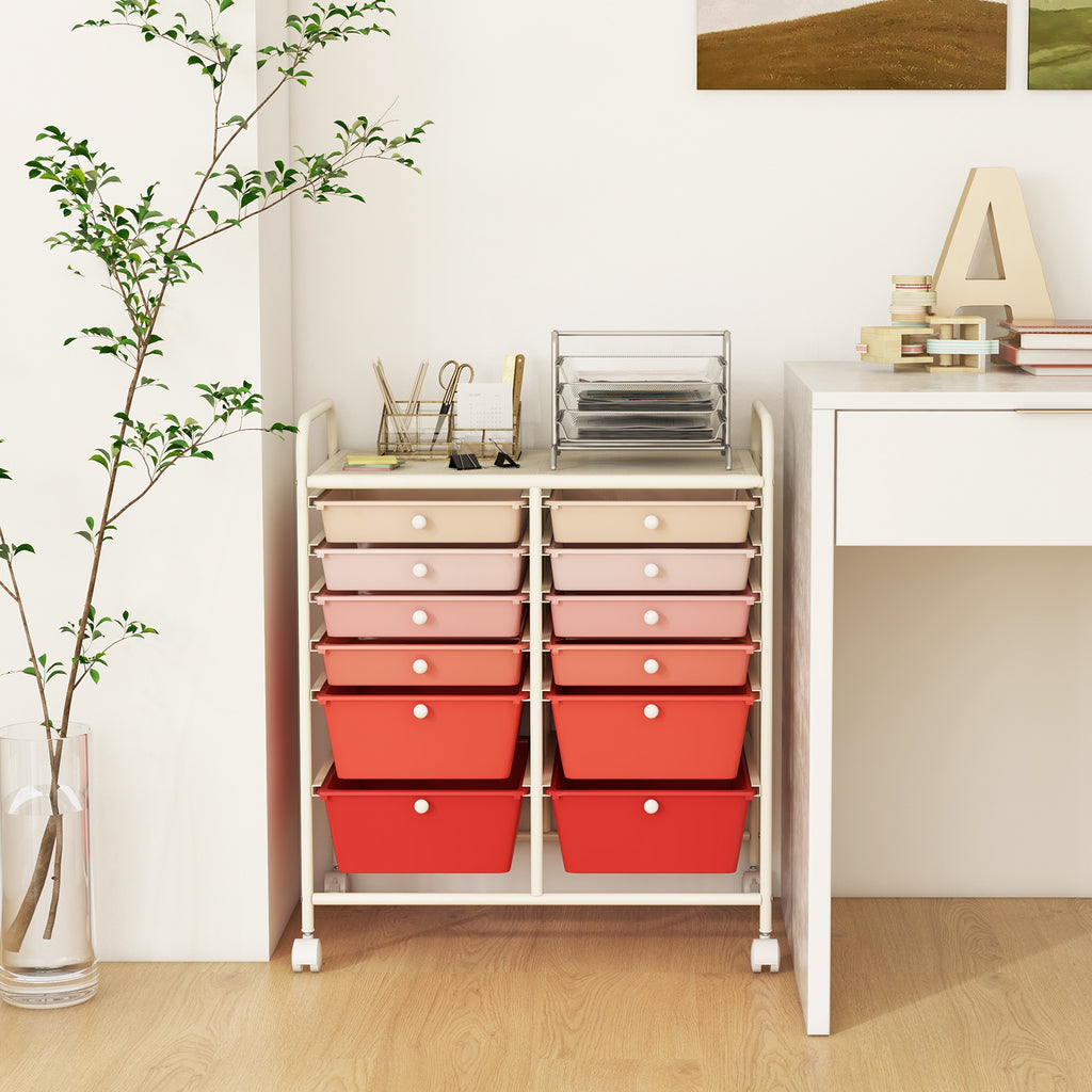12-Drawer Rolling Storage Cart with Lockable Wheels - Pink