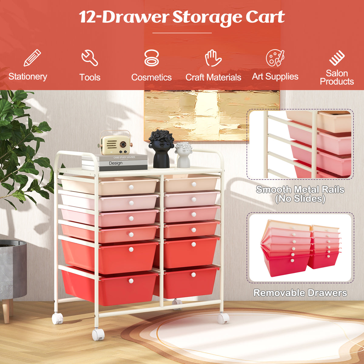 12-Drawer Rolling Storage Cart with Lockable Wheels - Pink