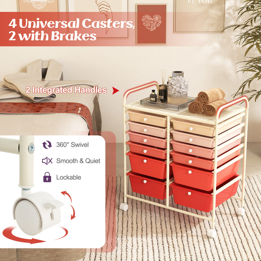 12-Drawer Rolling Storage Cart with Lockable Wheels - Pink