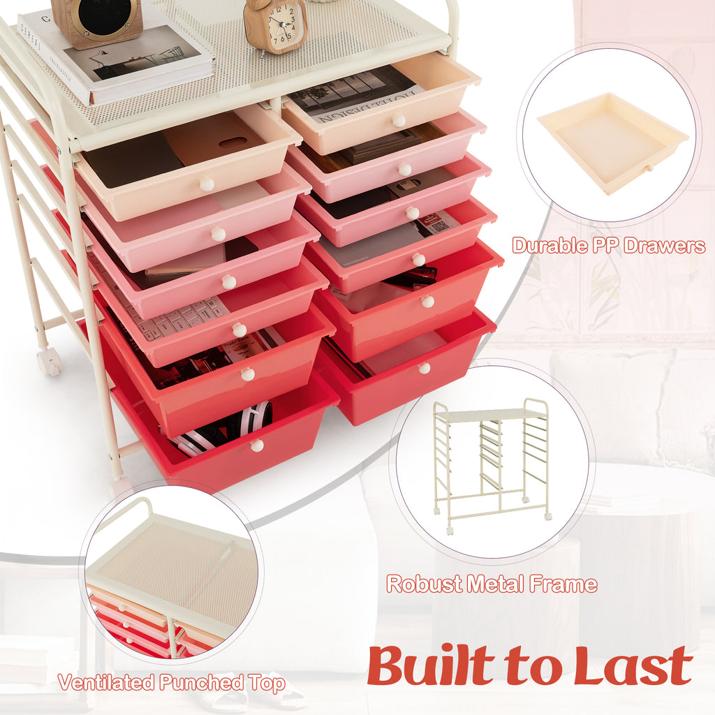 12-Drawer Rolling Storage Cart with Lockable Wheels - Pink