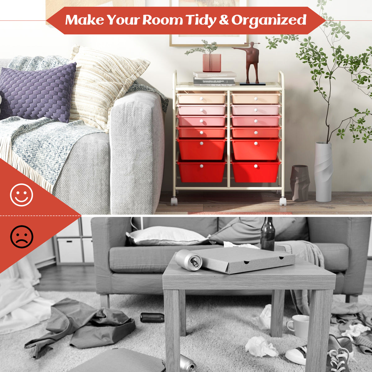 12-Drawer Rolling Storage Cart with Lockable Wheels - Pink