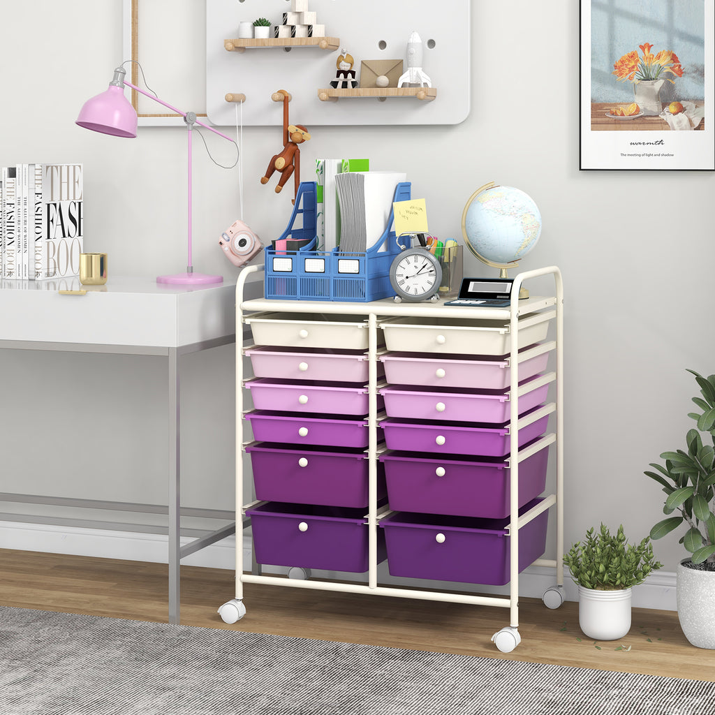 12-Drawer Rolling Storage Cart with Lockable Wheels, Purple