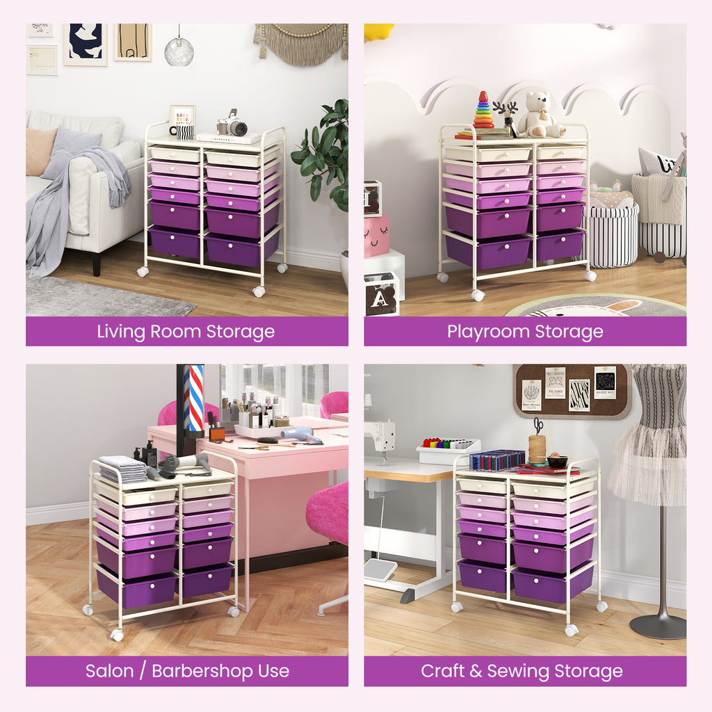 12-Drawer Rolling Storage Cart with Lockable Wheels, Purple