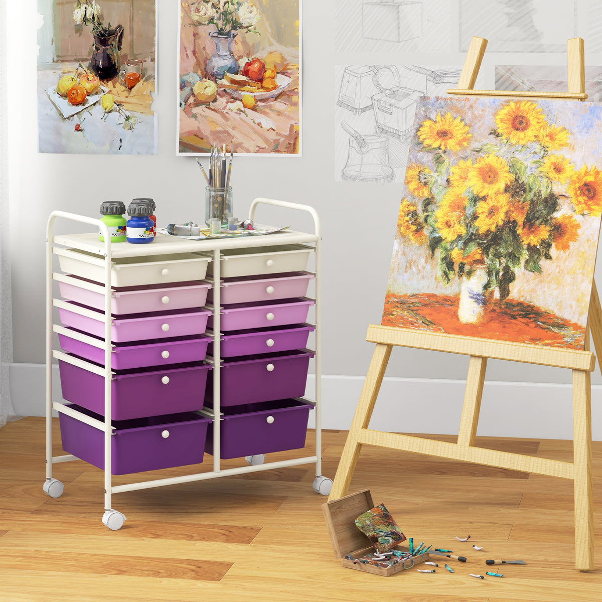 12-Drawer Rolling Storage Cart with Lockable Wheels, Purple