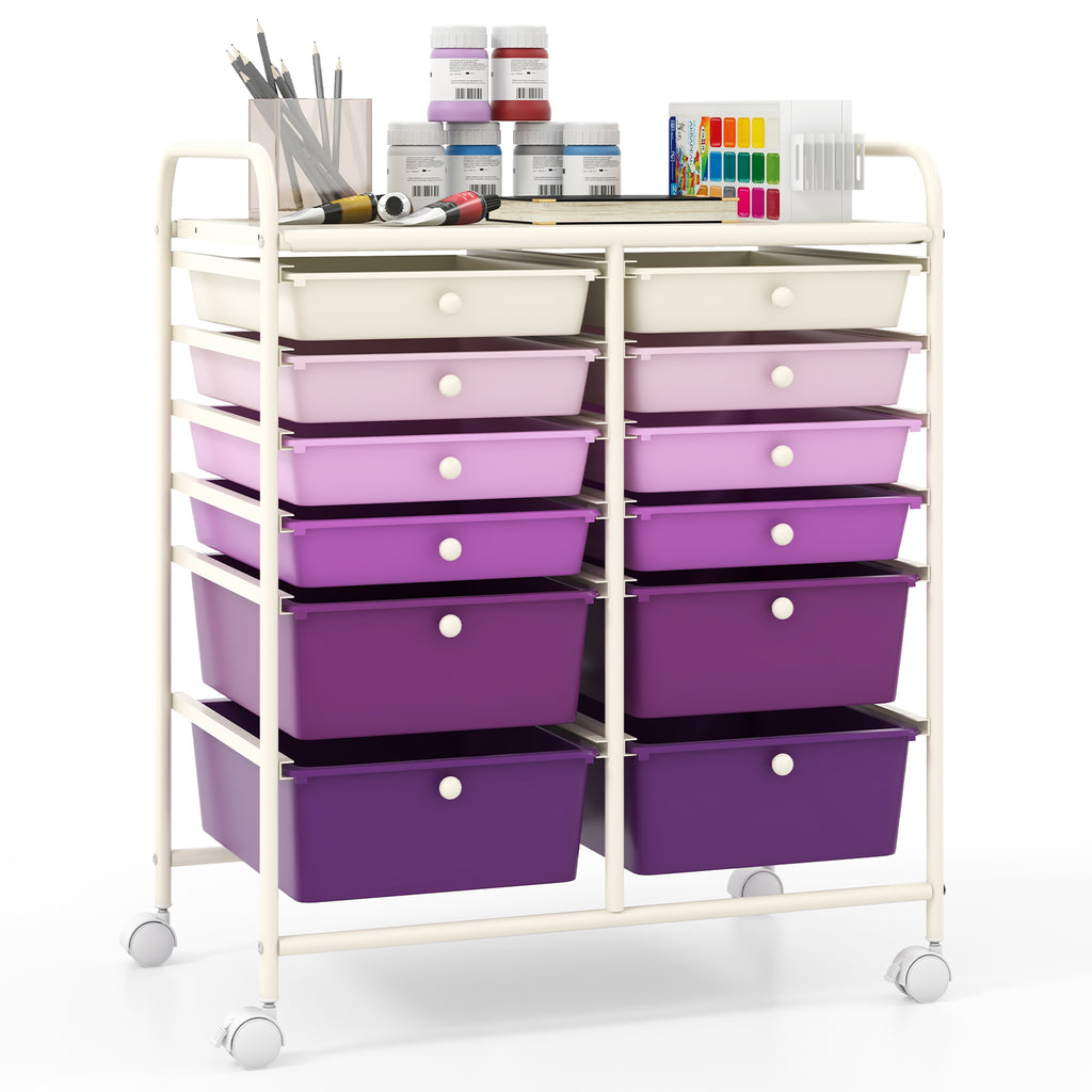 12-Drawer Rolling Storage Cart with Lockable Wheels, Purple