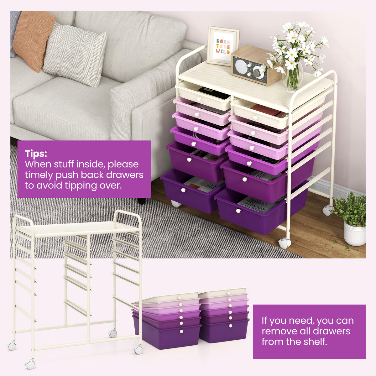 12-Drawer Rolling Storage Cart with Lockable Wheels, Purple