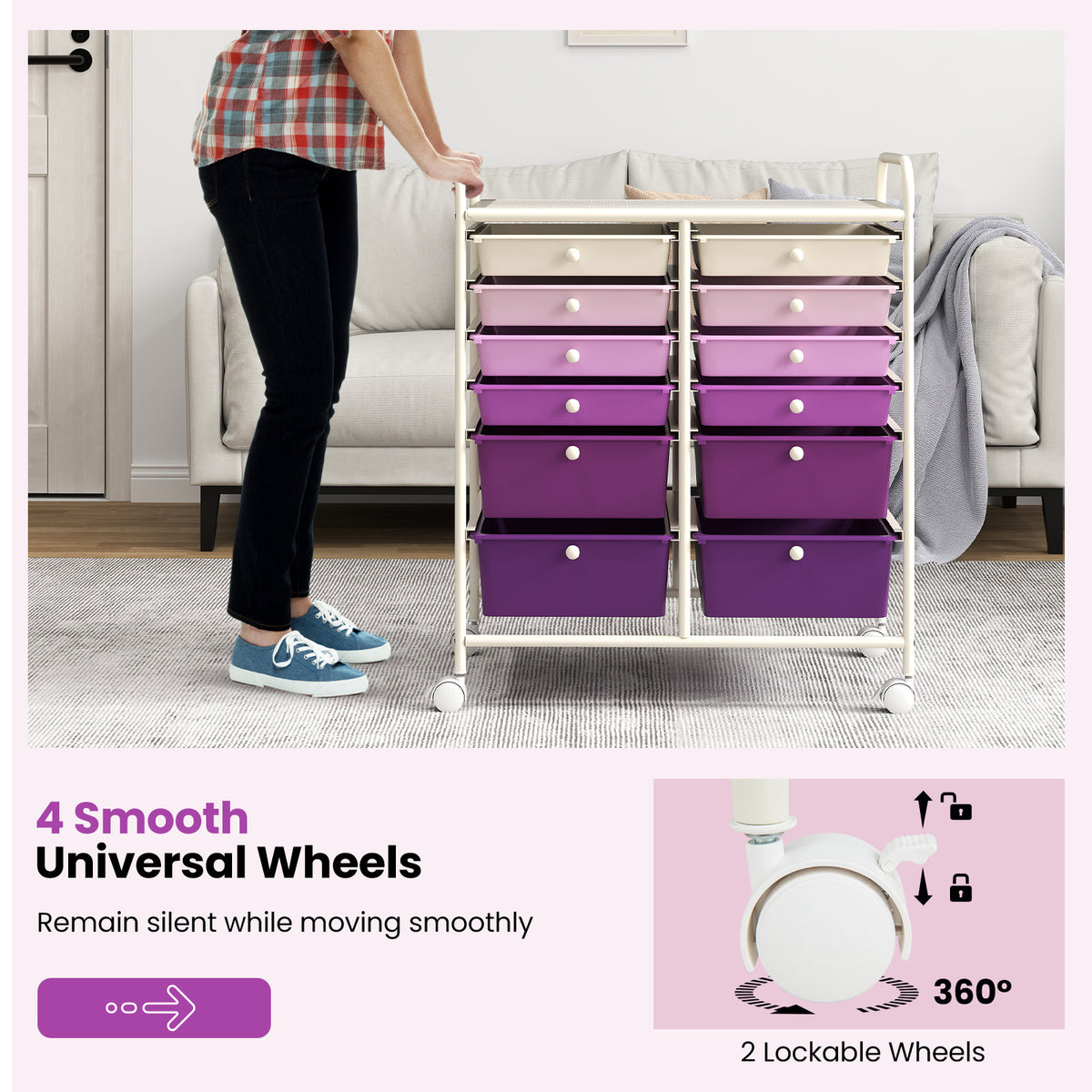 12-Drawer Rolling Storage Cart with Lockable Wheels, Purple