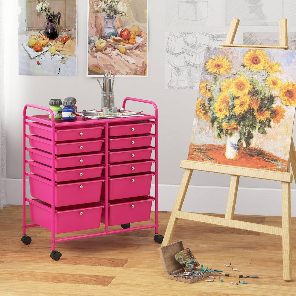 12-Drawer Rolling Storage Cart with Lockable Wheels – Rose Red