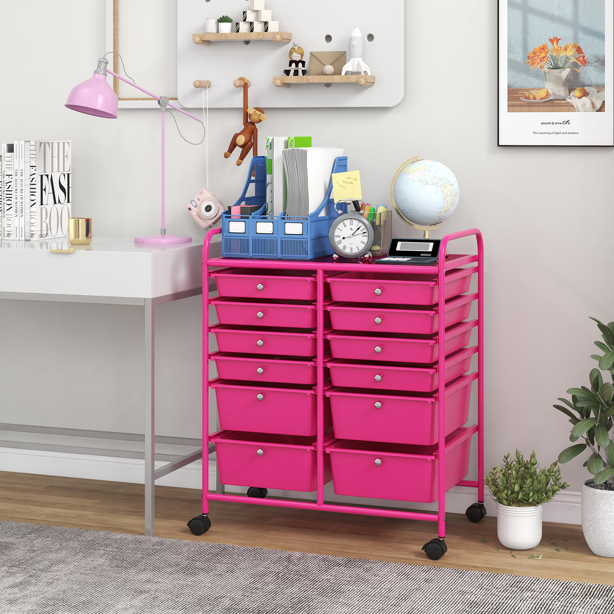 12-Drawer Rolling Storage Cart with Lockable Wheels – Rose Red