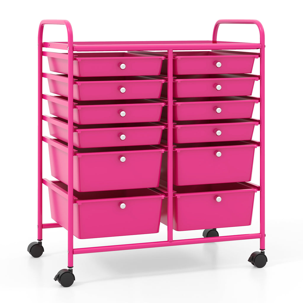 12-Drawer Rolling Storage Cart with Lockable Wheels – Rose Red